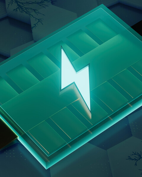 Futuristic battery with “lightning bolt” icon, and a honeycomb lattice background.
