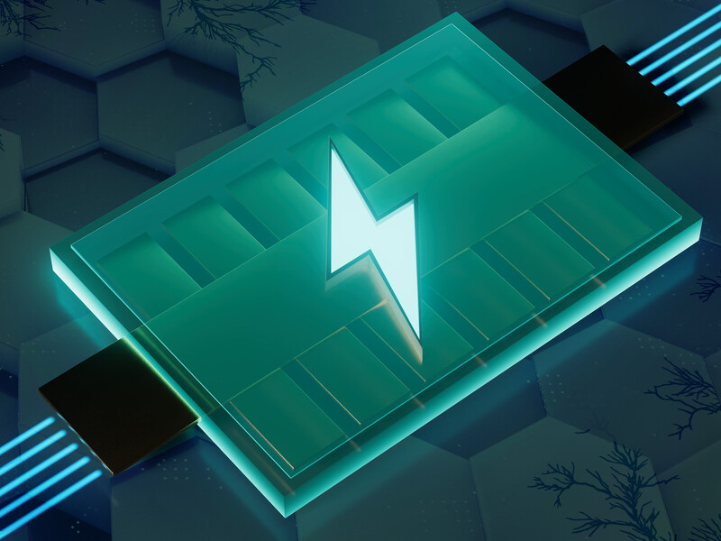 Futuristic battery with “lightning bolt” icon, and a honeycomb lattice background.