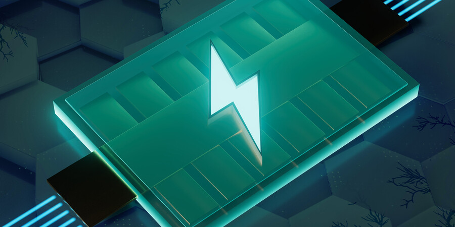 Futuristic battery with “lightning bolt” icon, and a honeycomb lattice background.