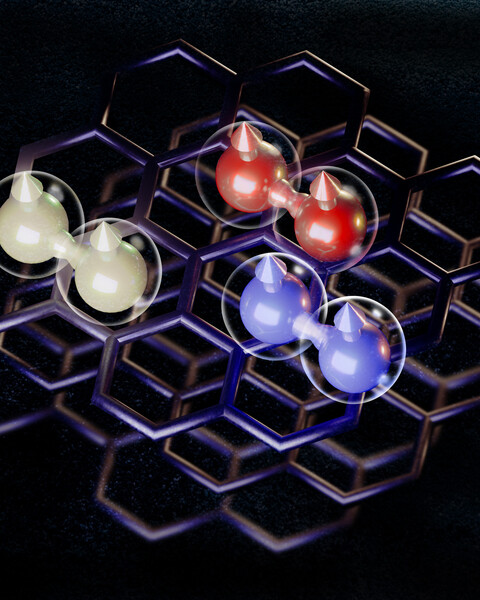 Honeycomb pattern consisting of three pairs of round graphene orbs in red, yellow, and blue.