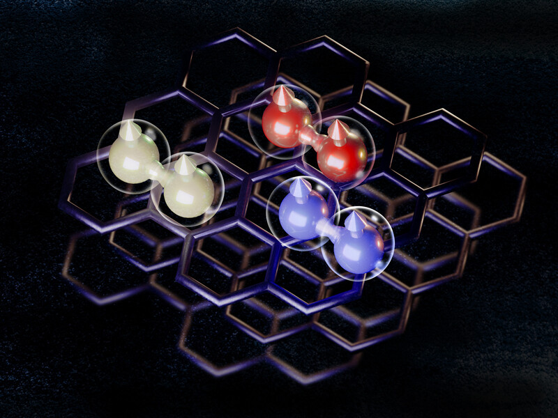 Honeycomb pattern consisting of three pairs of round graphene orbs in red, yellow, and blue.