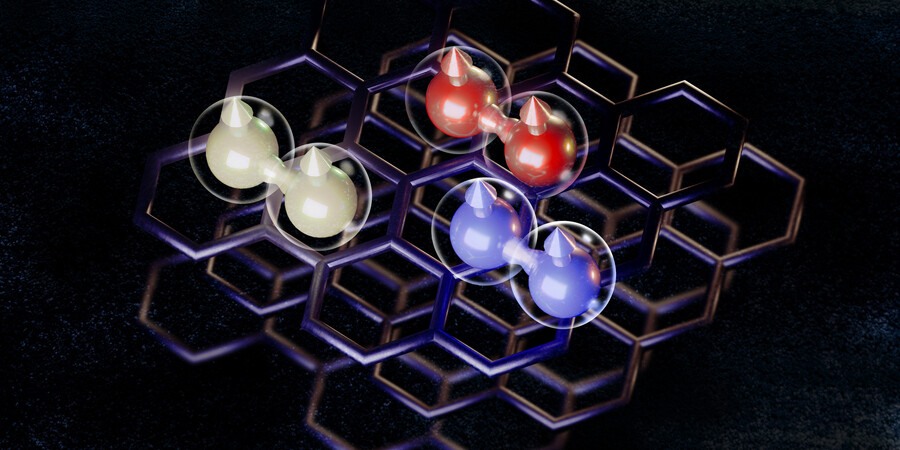 Honeycomb pattern consisting of three pairs of round graphene orbs in red, yellow, and blue.