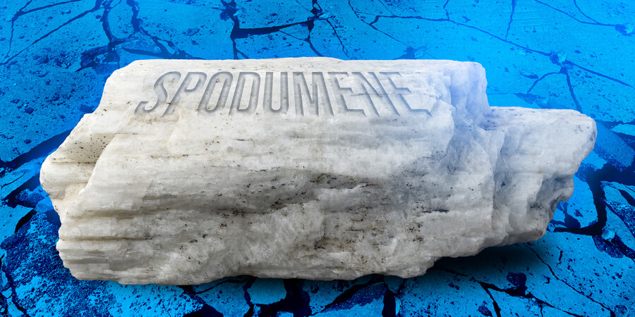A rock is made of labeled “Spodumene” on blue rocky background.