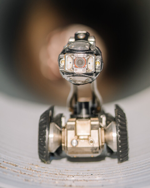 A tiny robot on wheels inside a tube