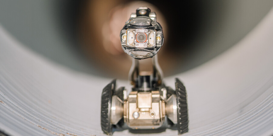 A tiny robot on wheels inside a tube