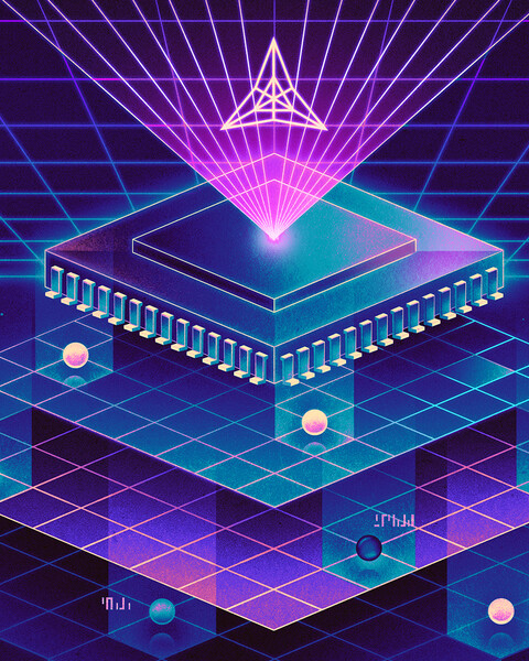 Abstract illustration of a computer chip split up into layers over a neon grid in the background.