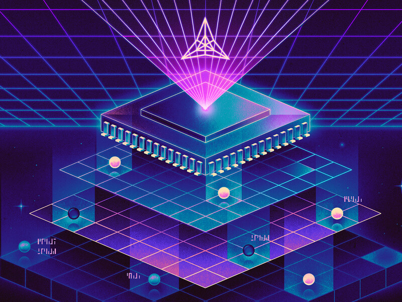 Abstract illustration of a computer chip split up into layers over a neon grid in the background.