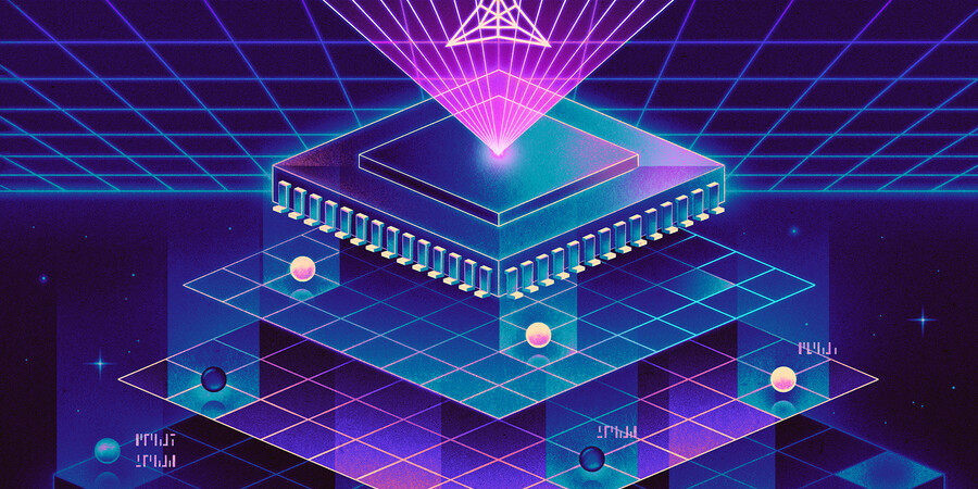 Abstract illustration of a computer chip split up into layers over a neon grid in the background.