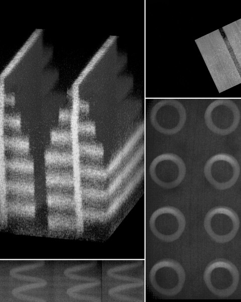 Collage of structure shaped like towers, helices, squares, and squiggly lines.
