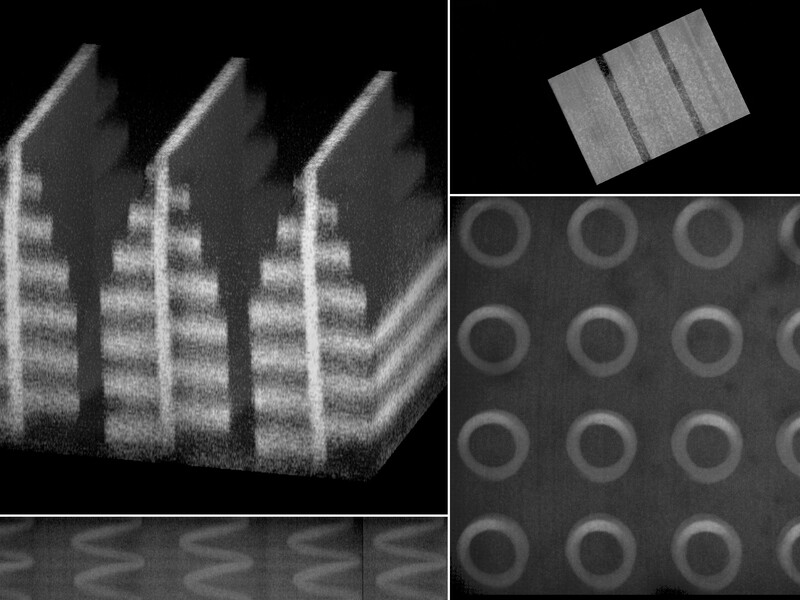 Collage of structure shaped like towers, helices, squares, and squiggly lines.
