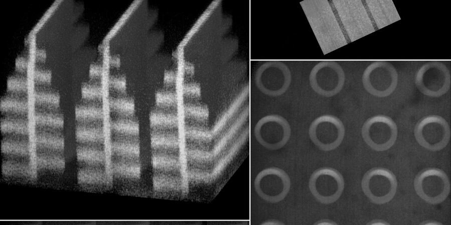 Collage of structure shaped like towers, helices, squares, and squiggly lines.