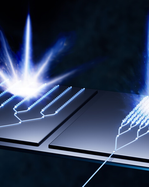 Two types of antenna; the left produces a big spark of light while the new right one has a refined beam of light.