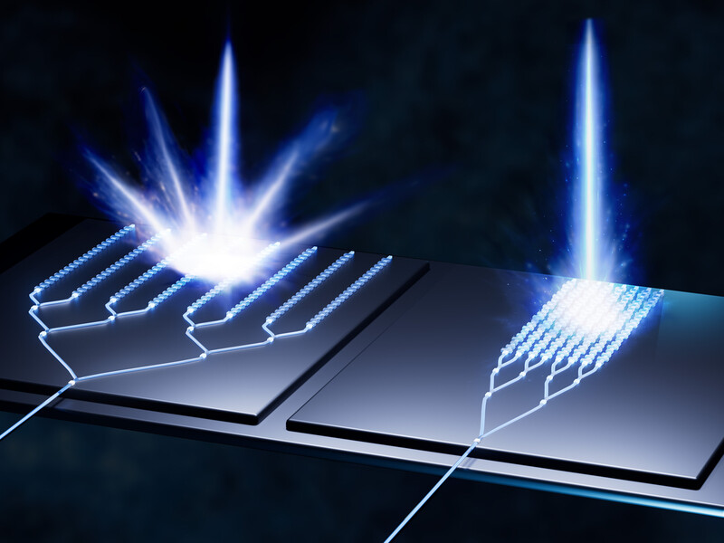 Two types of antenna; the left produces a big spark of light while the new right one has a refined beam of light.