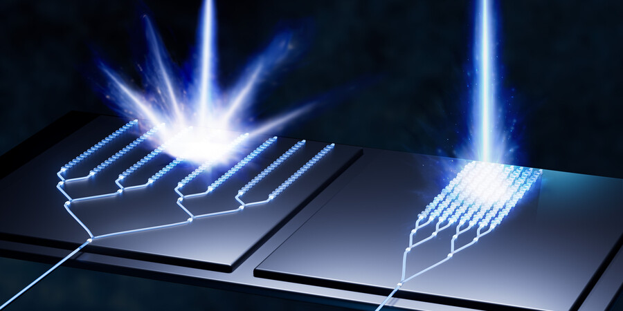 Two types of antenna; the left produces a big spark of light while the new right one has a refined beam of light.